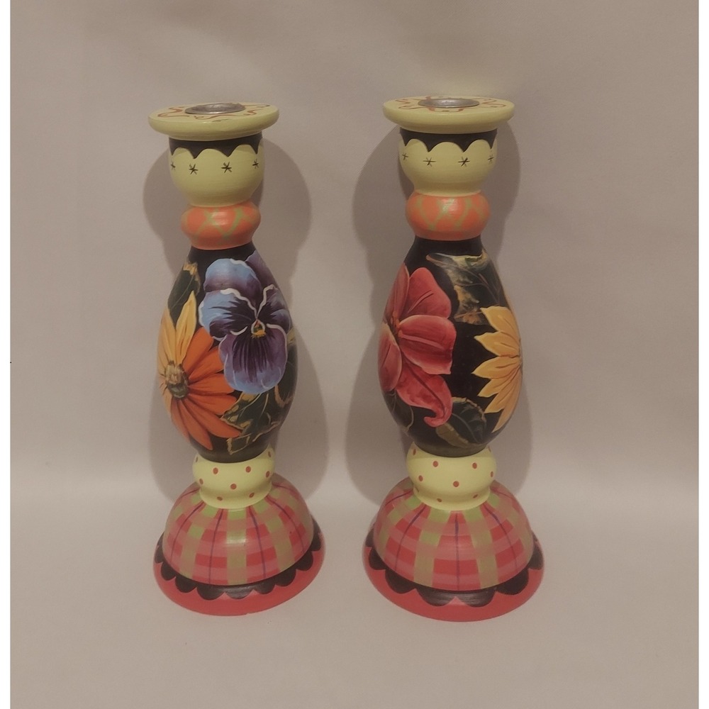 Tracy HS Porter Vintage Signed Wooden Candlesticks Hand Painted Floral Folk Art